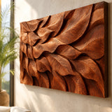 Layered wall sculpture with organic relief adds visual rhythm above a spacious sofa
