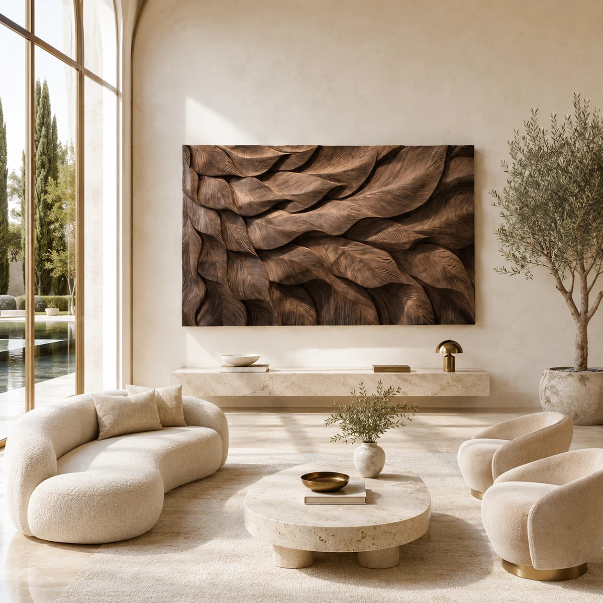 Statement wall panel with sculpted layers introduces texture to a calm minimalist interior