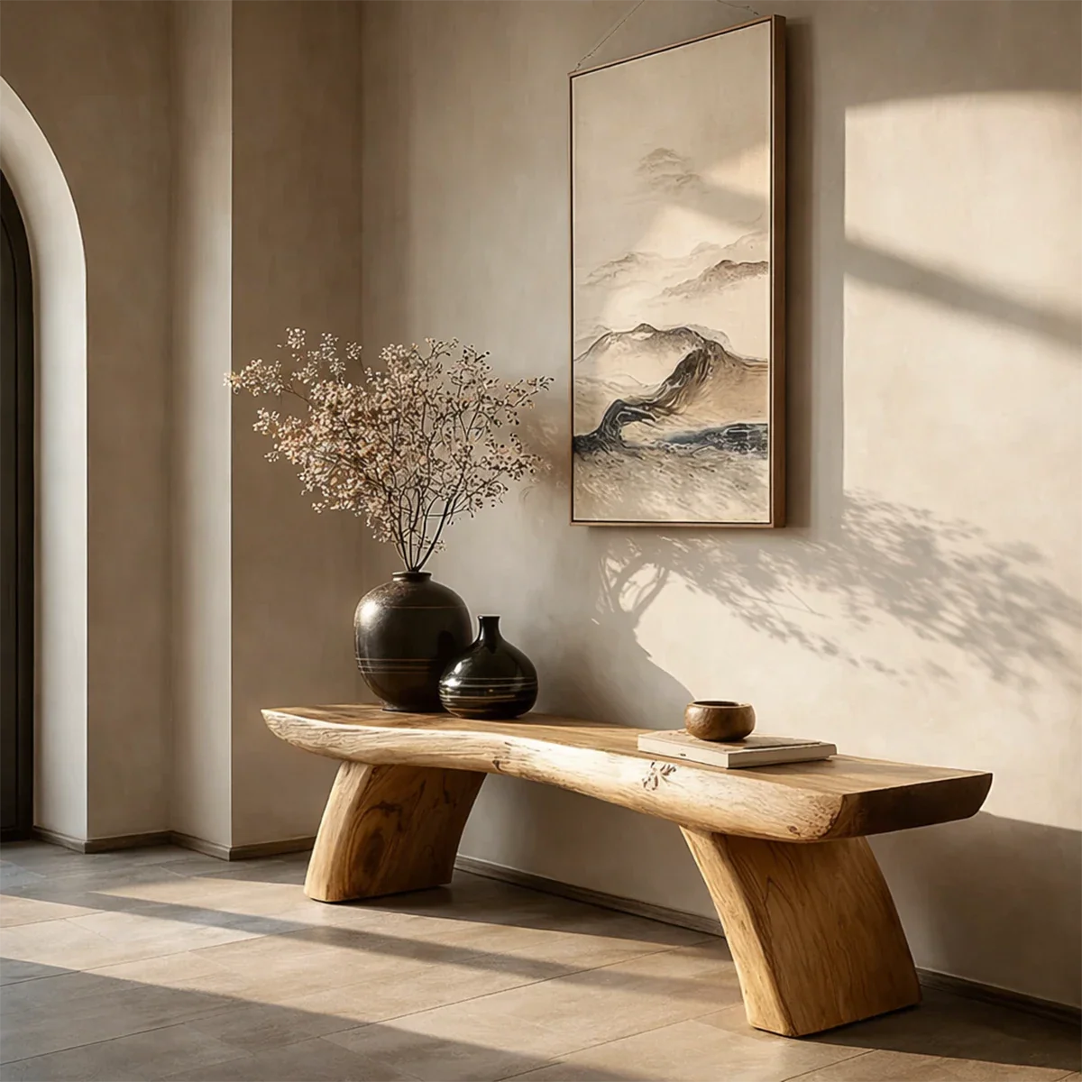 Organic style bench featuring natural edge inspired seat and smooth oak tone finish entryway seating