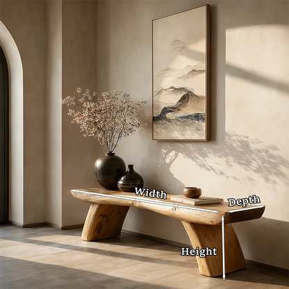 Low profile seating bench designed with organic slab character and smooth oak tone finish
