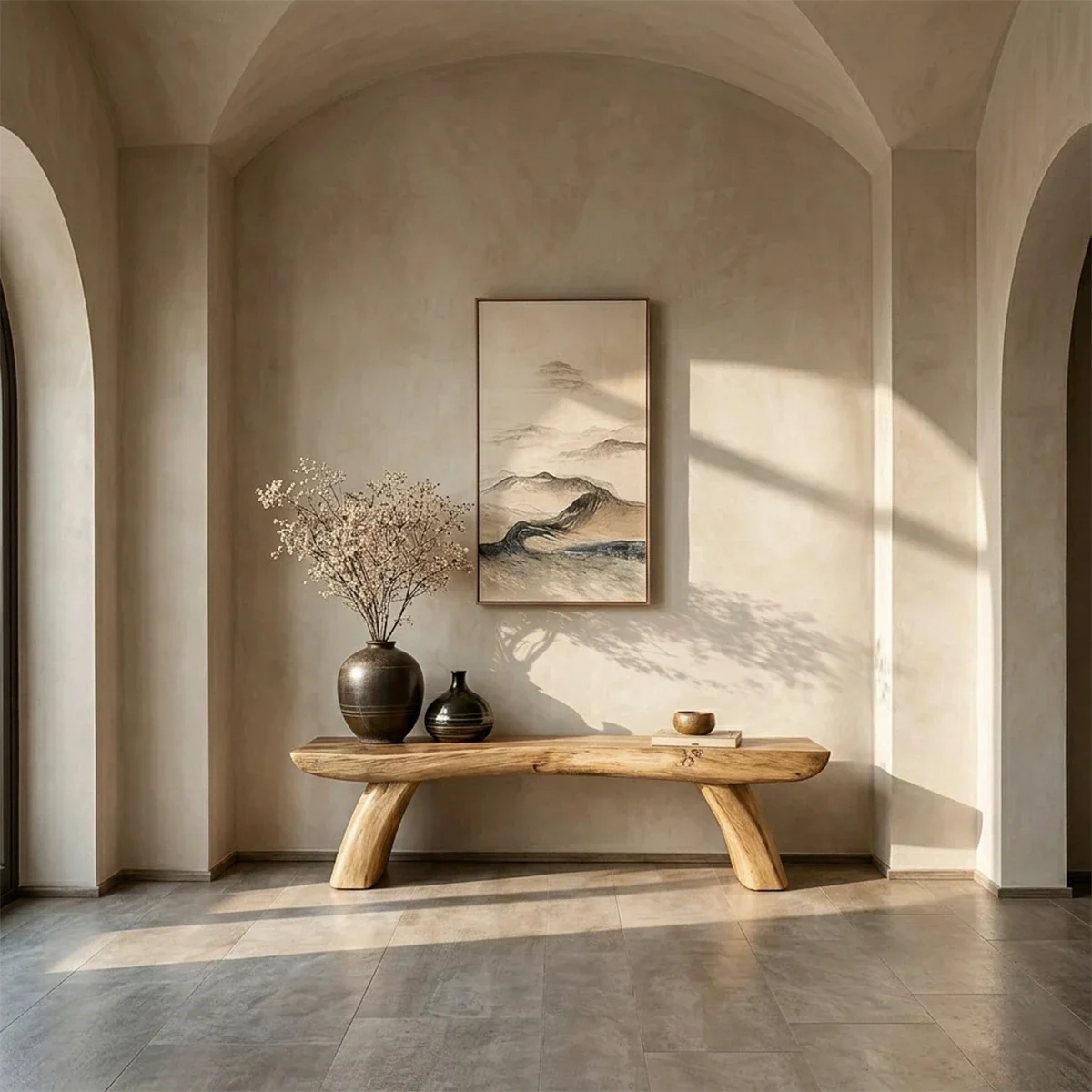Modern hallway bench showcasing sculptural slab seat and refined oak tone finish detail