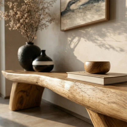 Elegant entryway bench designed with organic form seating and warm oak tone finish