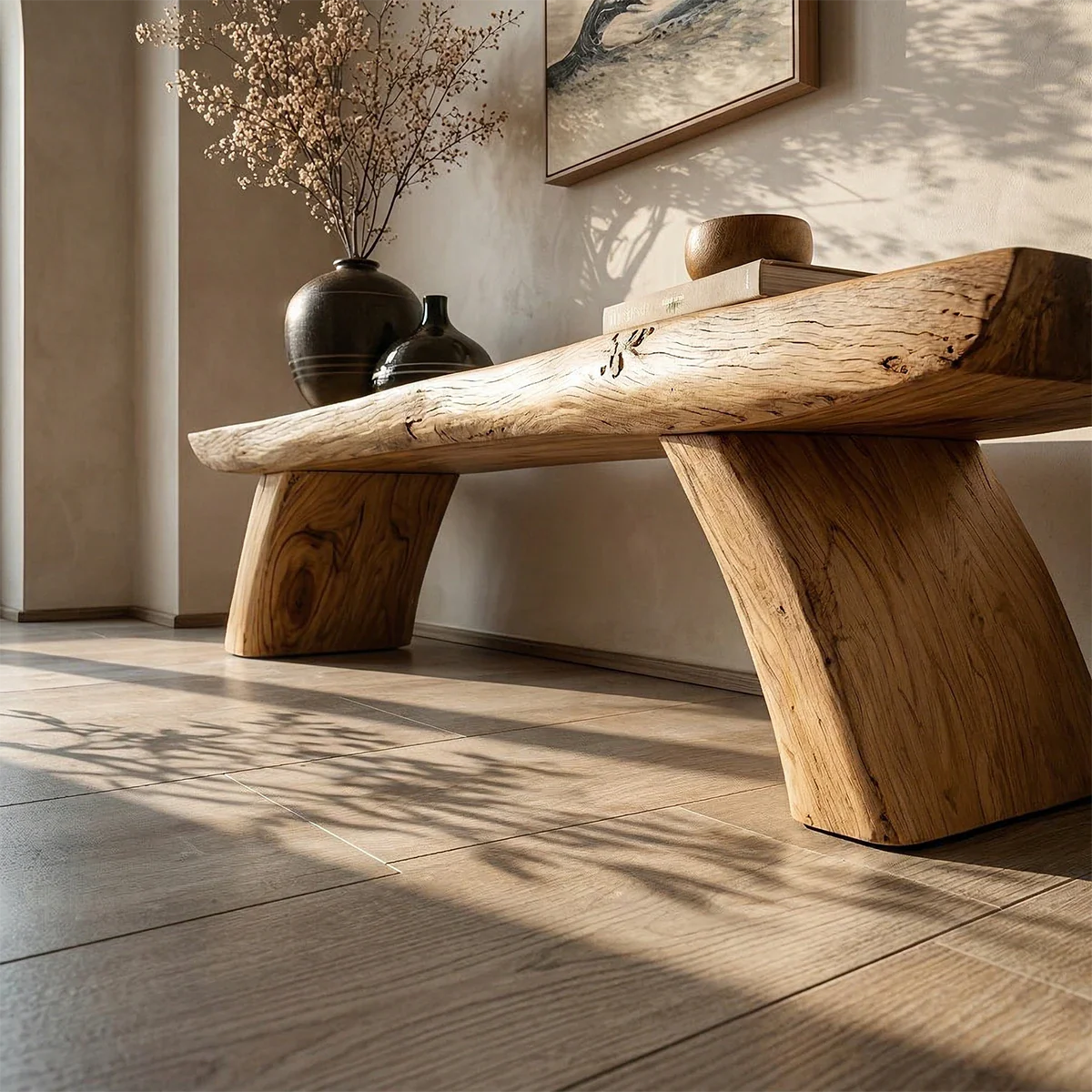 Contemporary seating bench displaying natural inspired slab styling and polished oak tone finish