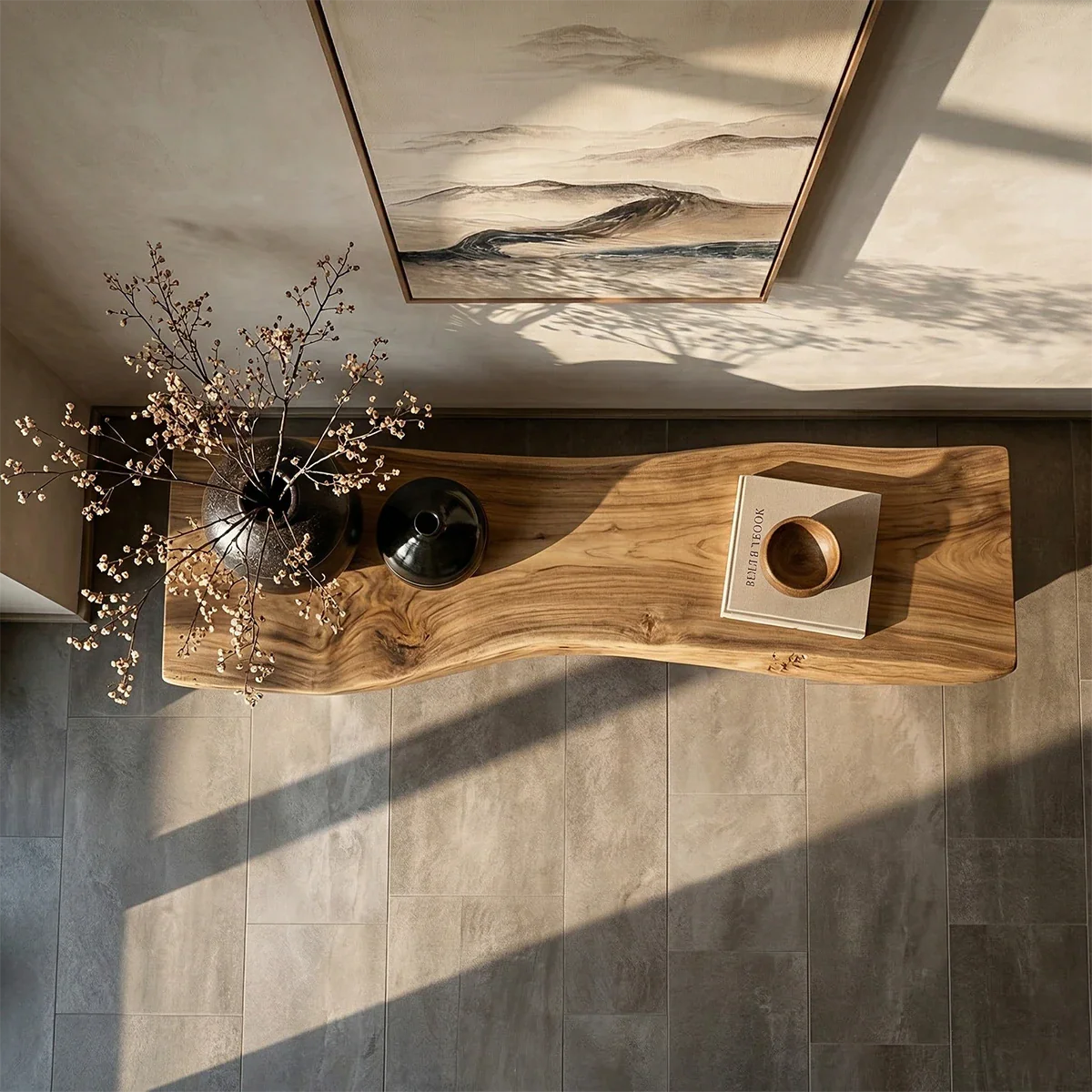 Minimalist hallway bench featuring artistic natural edge look and smooth oak tone finish
