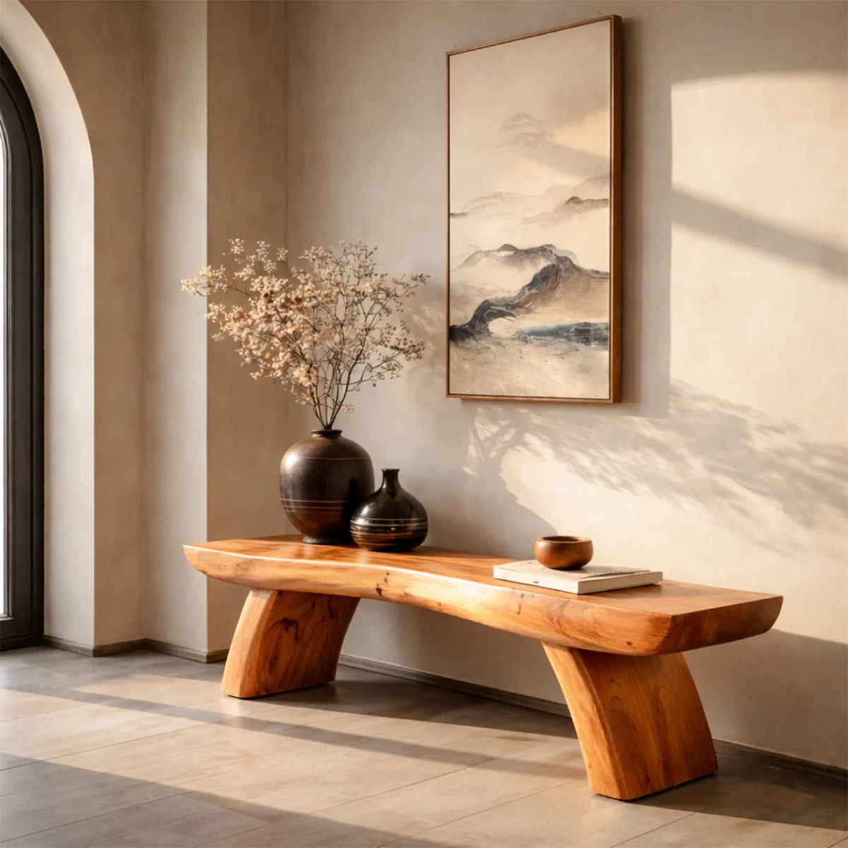 Japandi style bench showcasing balanced slab construction and refined brown tone finish
