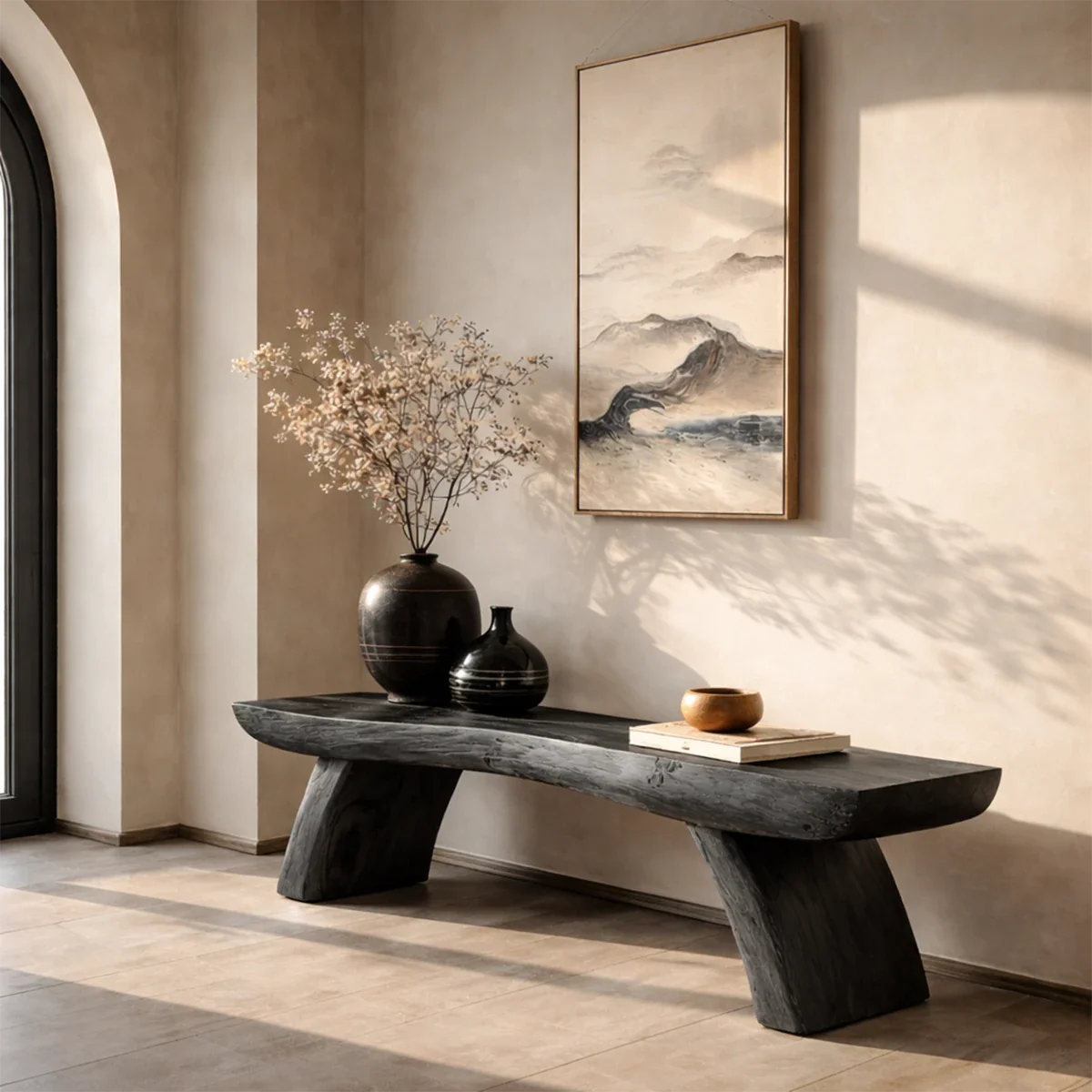 Decorative hallway seating bench featuring organic surface styling and black tone finish