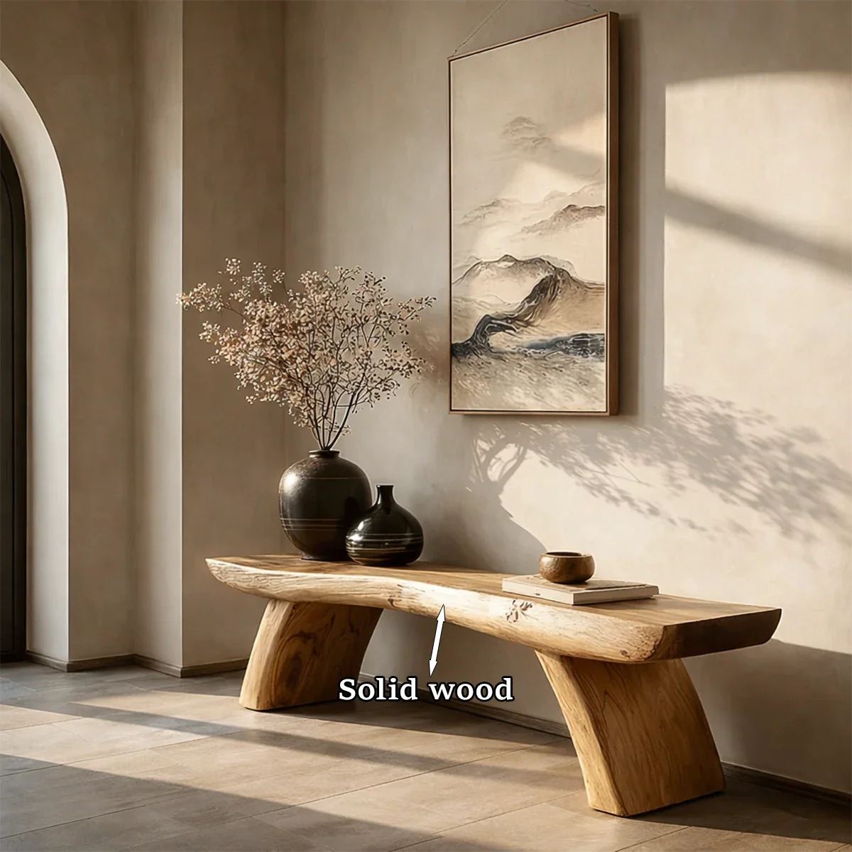 Stylish entryway bench showcasing modern natural inspired seat and polished oak tone finish