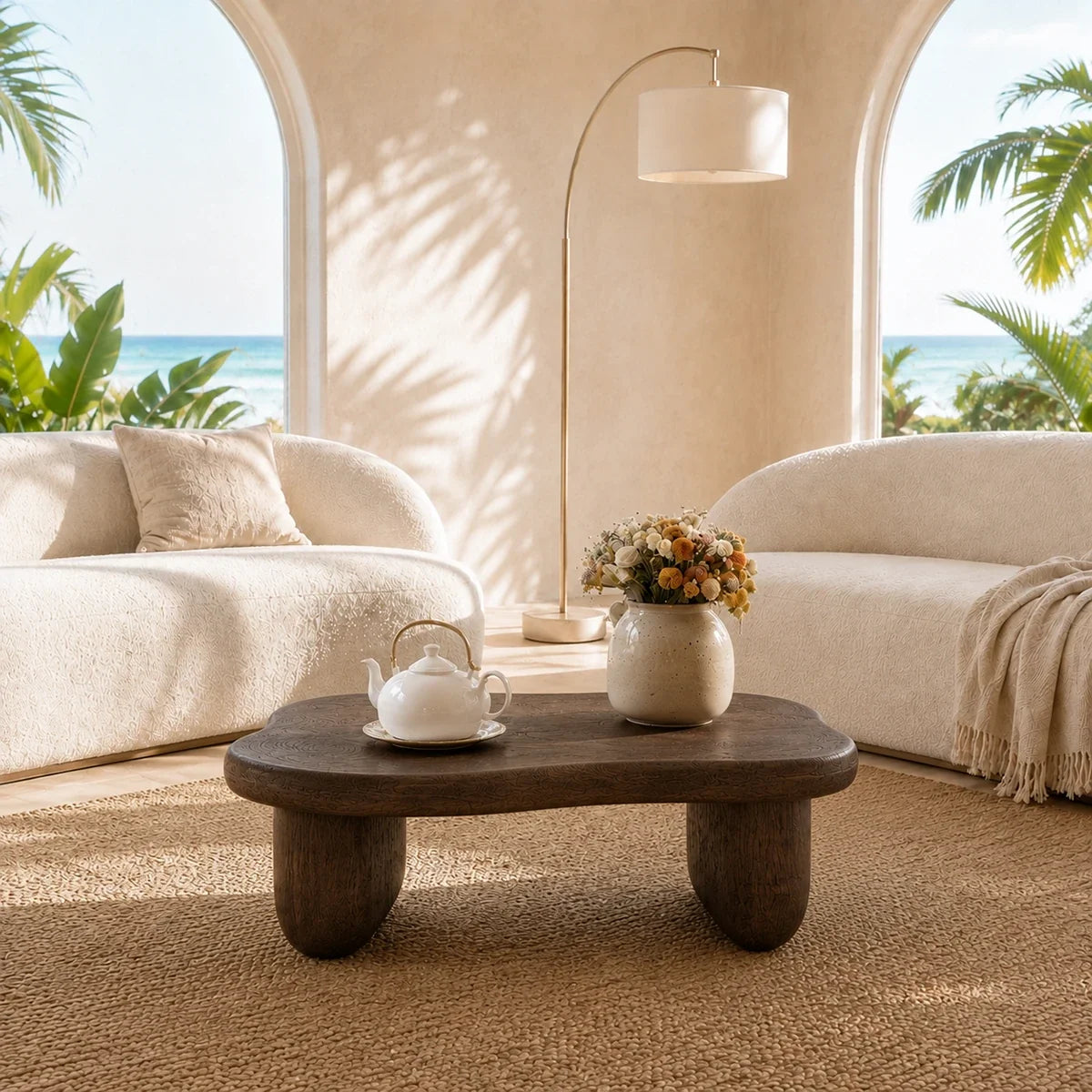 Minimalist coffee table with low profile and organic shape for elegant living spaces