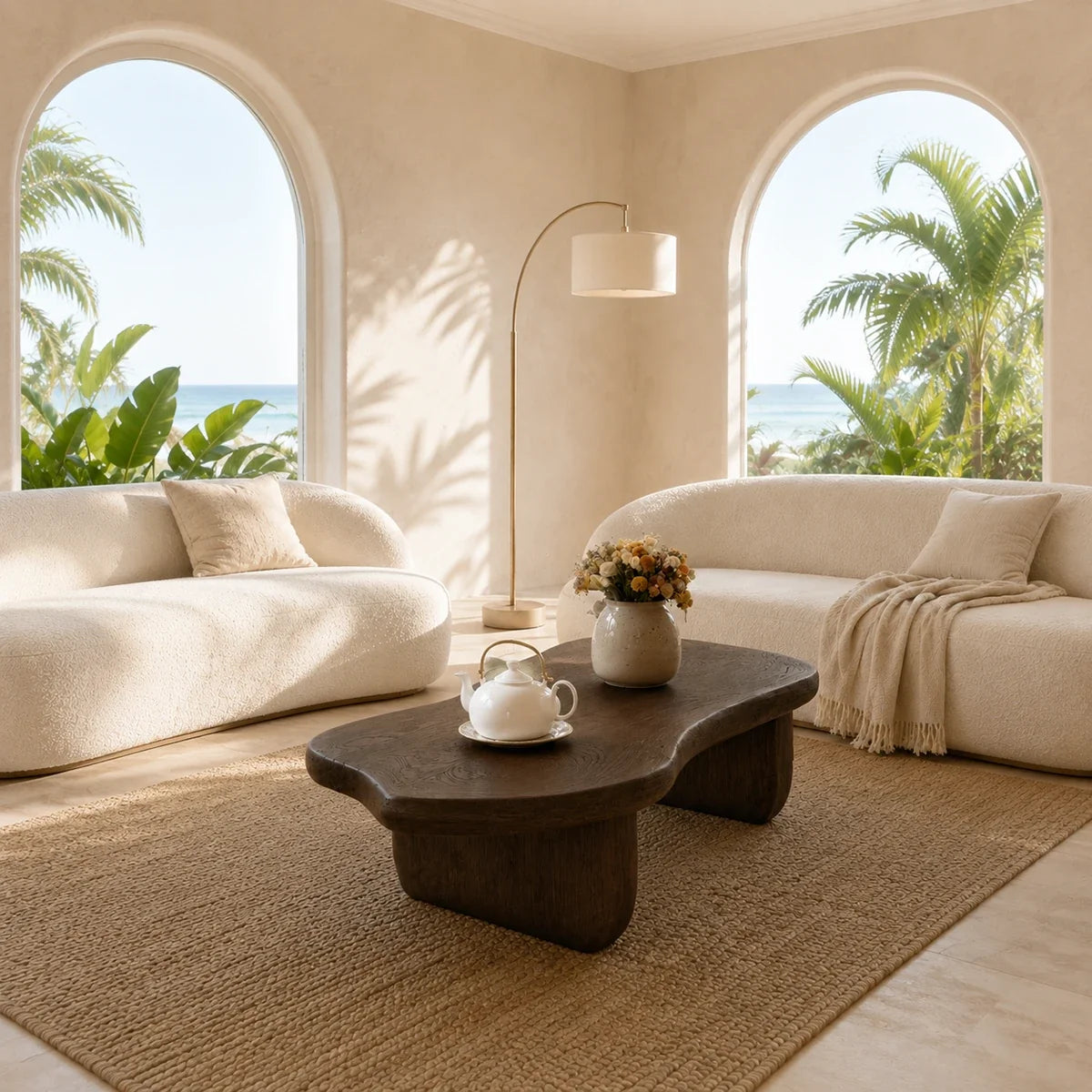 Organic modern coffee table styled between curved sofas in a calm coastal interior