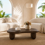 Low profile coffee table with rounded edges and dark wood tone finish for living rooms