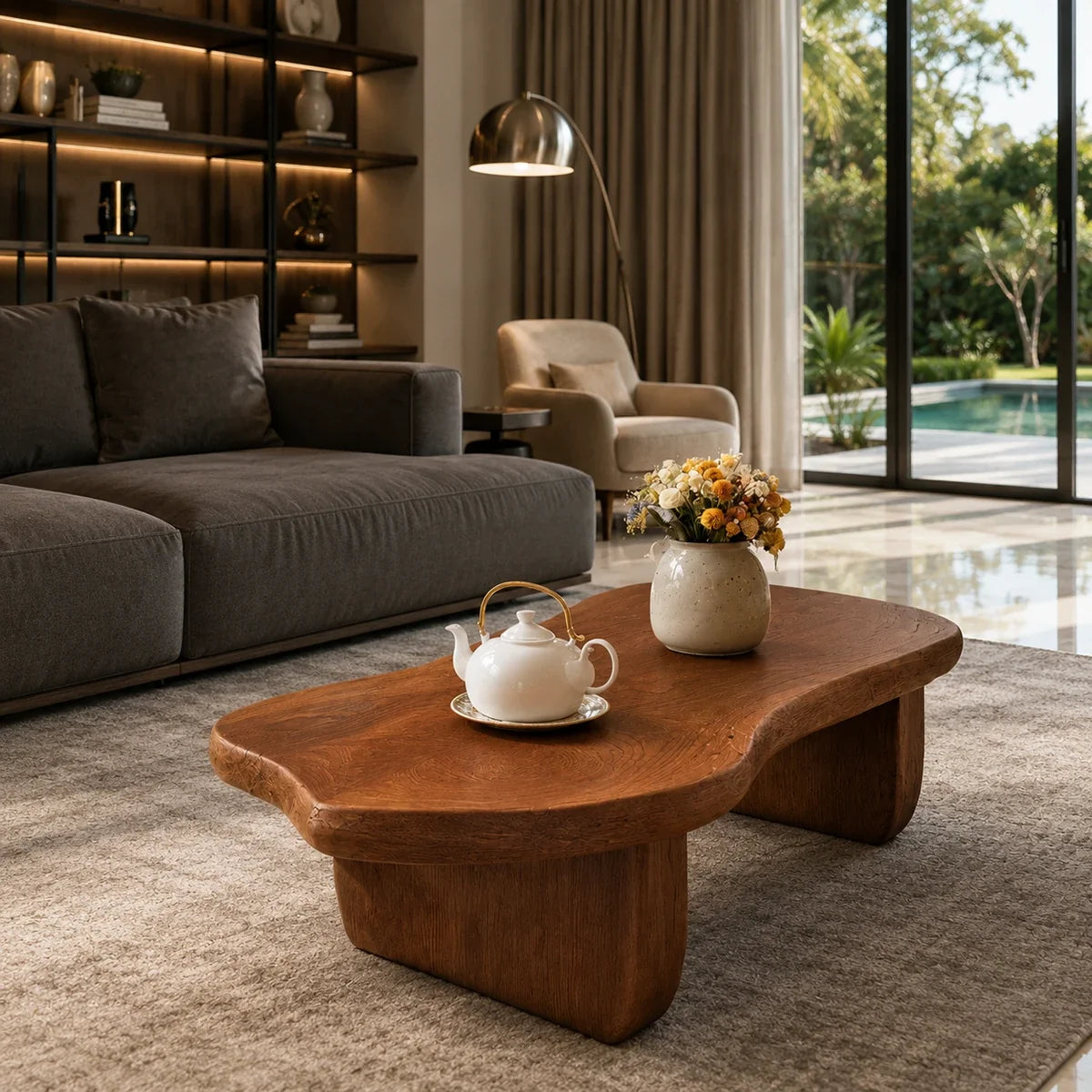 Curved coffee table adds sculptural character and practical surface to airy interiors