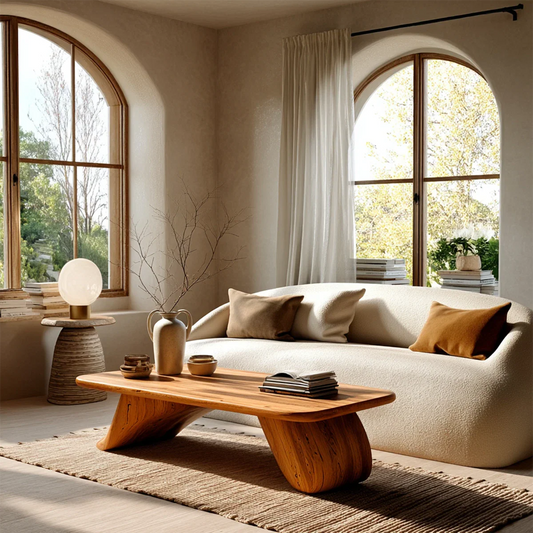 Organic coffee table with natural wood finish and curved base in a bright modern living room