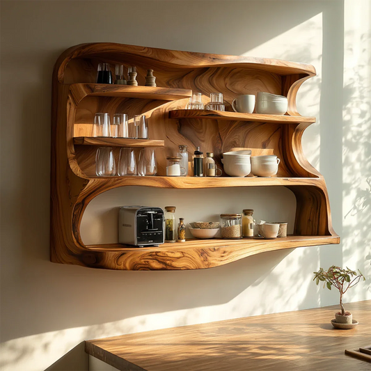 Organic kitchen wall cabinet with sculpted wood curves and multi tier open shelving for storage