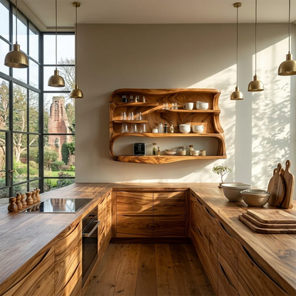 Flowing wood kitchen cabinet mounted on wall with layered open shelves for modern interiors