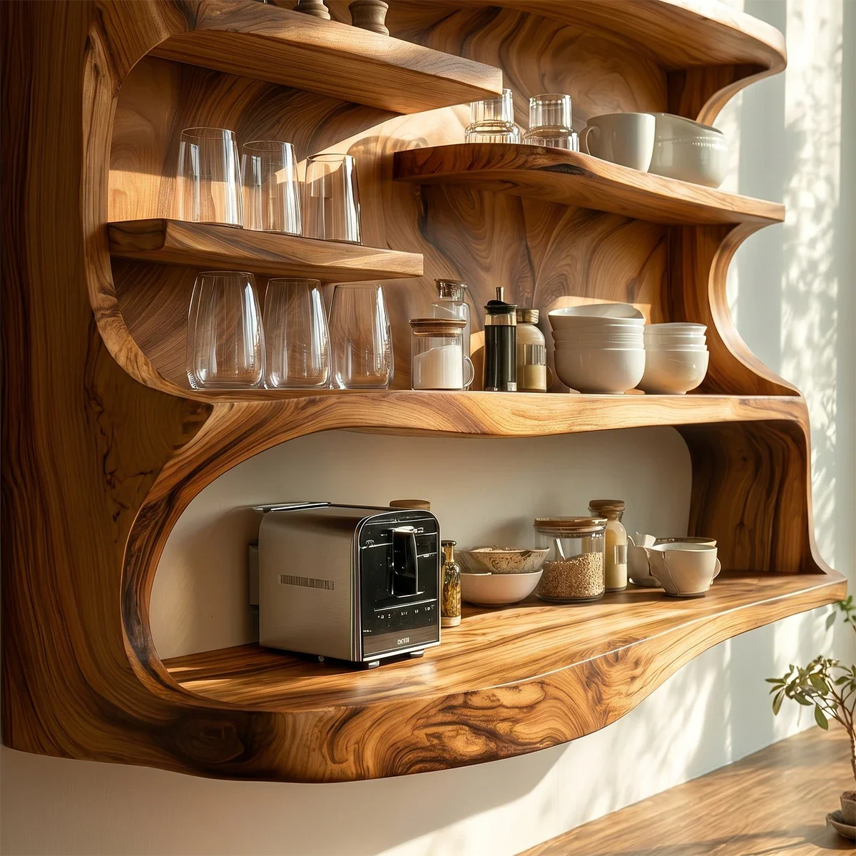 Contemporary kitchen storage cabinet with curved wood structure and open display shelving