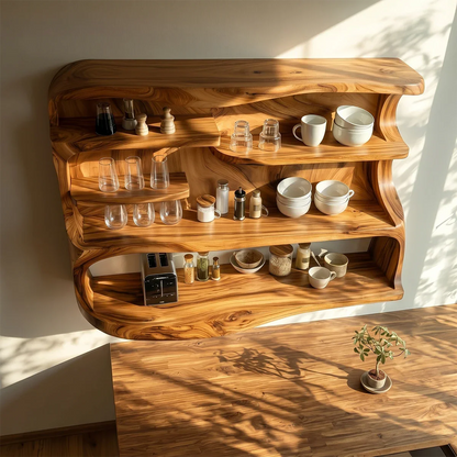 Artistic wall kitchen shelving unit with organic wood form and functional open storage layout