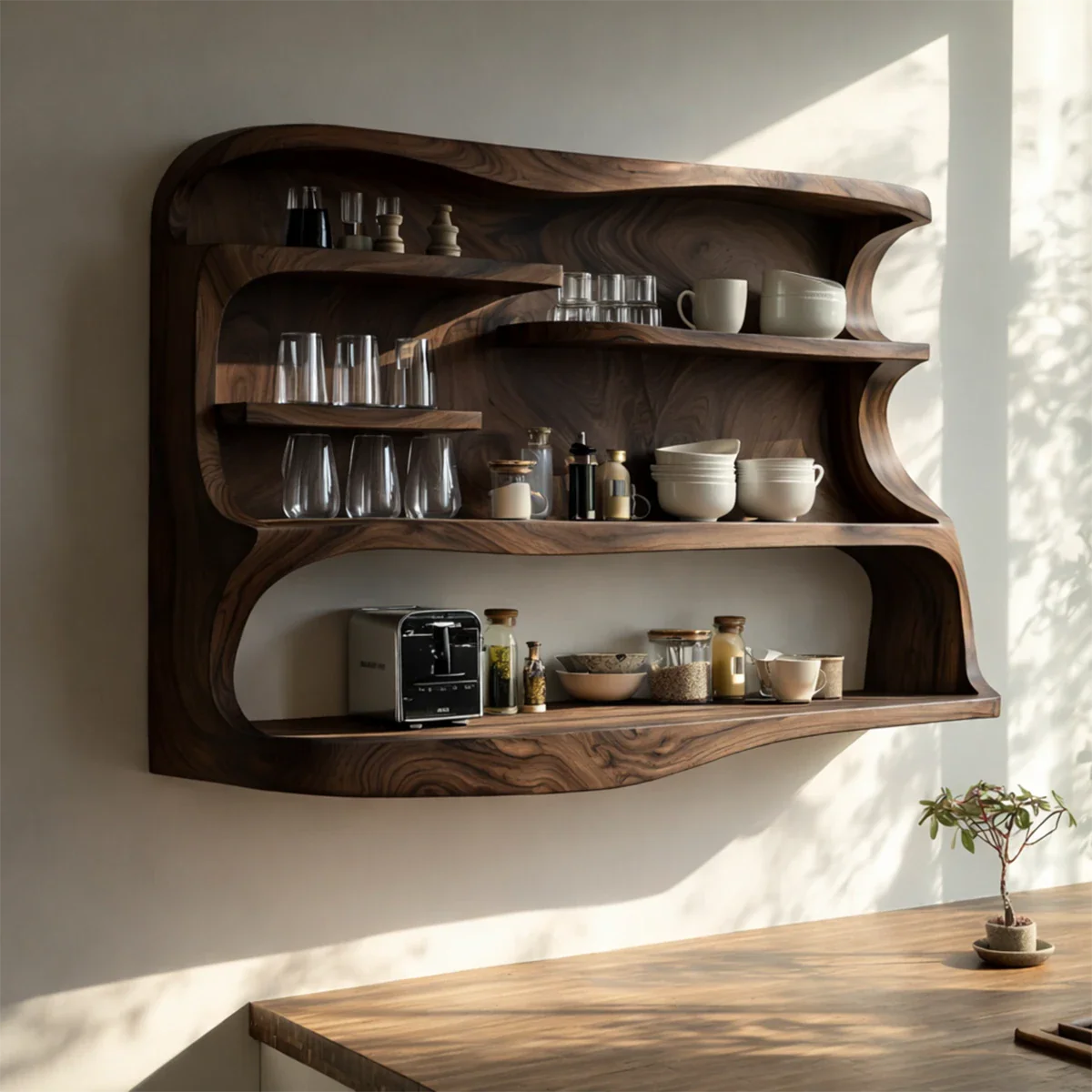 Modern kitchen cabinet featuring fluid wood design and spacious open shelving arrangement