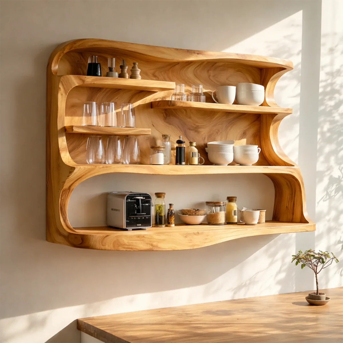 Sculptural kitchen wall storage with carved wood details and multi level open shelves