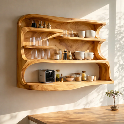 Sculptural kitchen wall storage with carved wood details and multi level open shelves