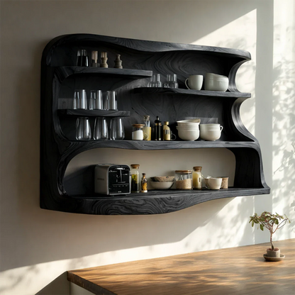Elegant kitchen cabinet with curved wood silhouette and open shelving for everyday items