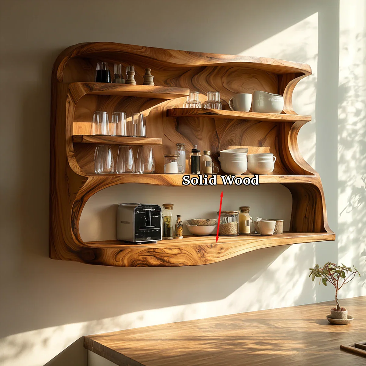 Unique kitchen wall shelving system with organic wood structure and layered storage space