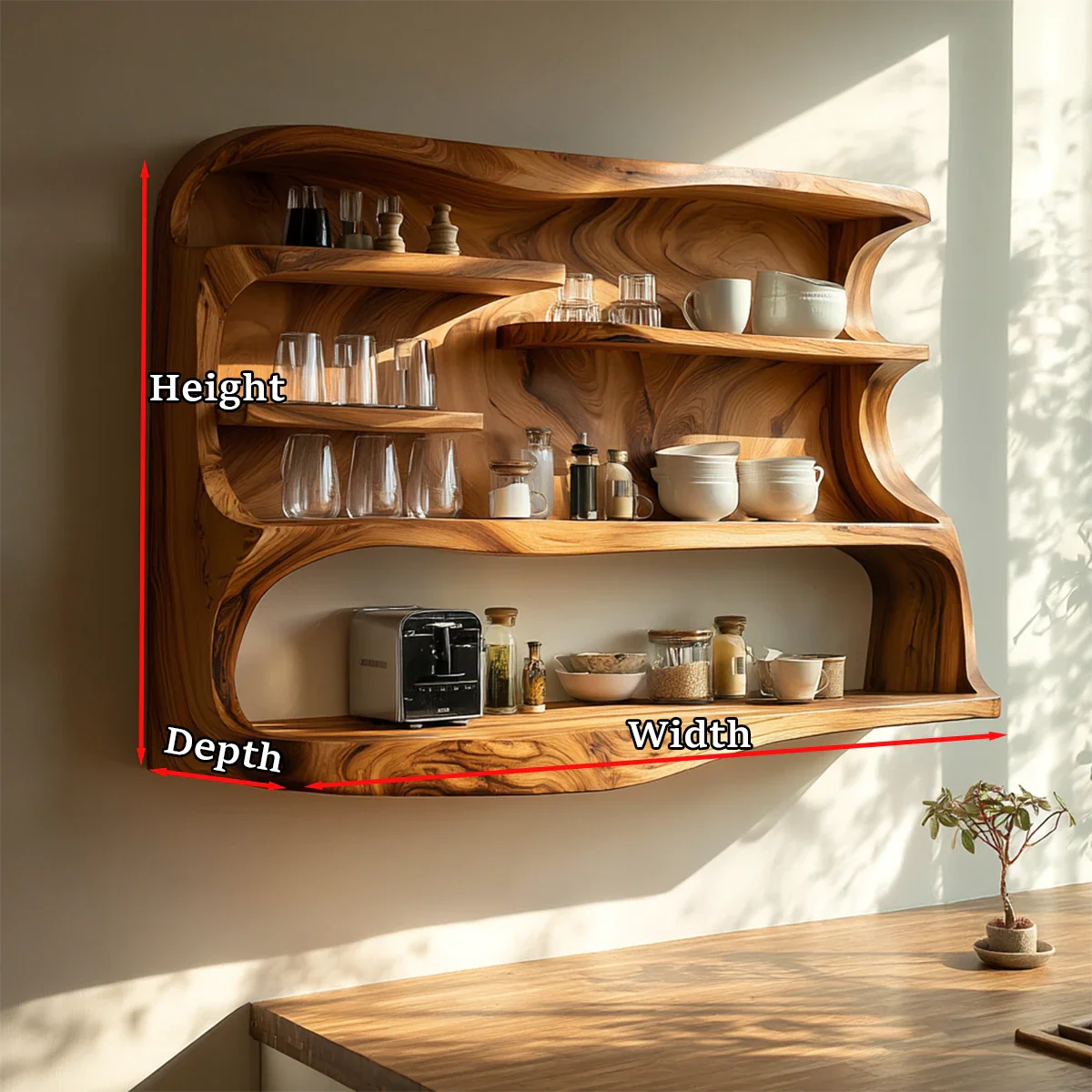 Minimalist kitchen cabinet with soft flowing wood lines and practical open shelf design