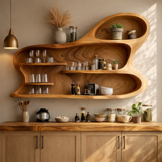 Organic modern kitchen cabinet with sculptural wood design and flowing open shelves for storage