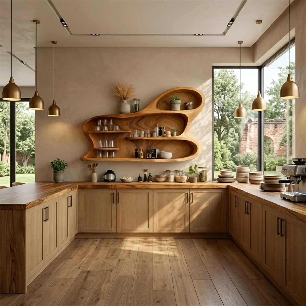 Artistic wall kitchen cabinet featuring curved wood form and open shelving in minimalist interior