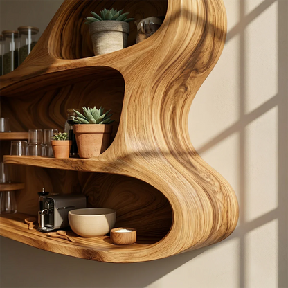 Contemporary kitchen wall storage with fluid wood structure and layered open display shelves