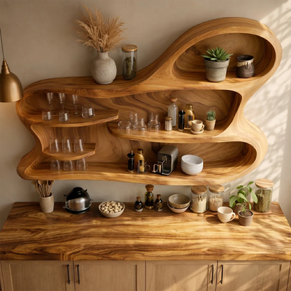 Sculptural kitchen cabinet with organic wood curves and open shelving for stylish storage