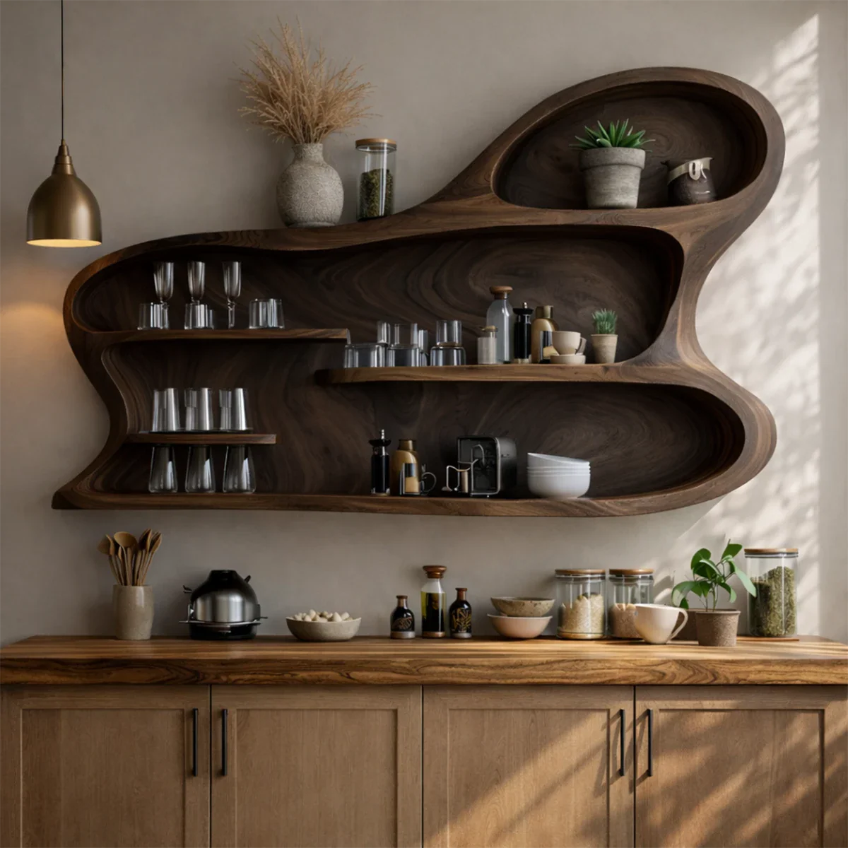 Unique wall mounted kitchen cabinet with flowing wood design and functional open shelf layout