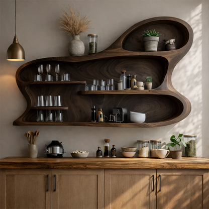 Unique wall mounted kitchen cabinet with flowing wood design and functional open shelf layout