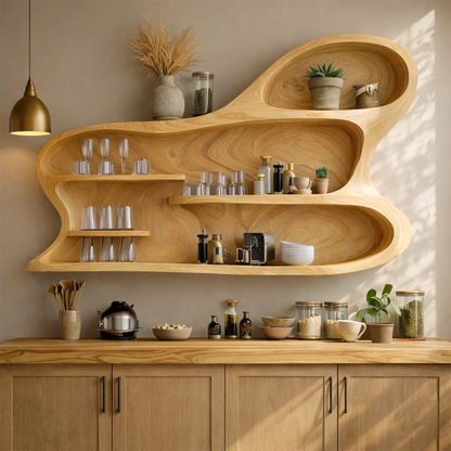 Modern kitchen shelving unit with carved wood form and open storage for everyday essentials