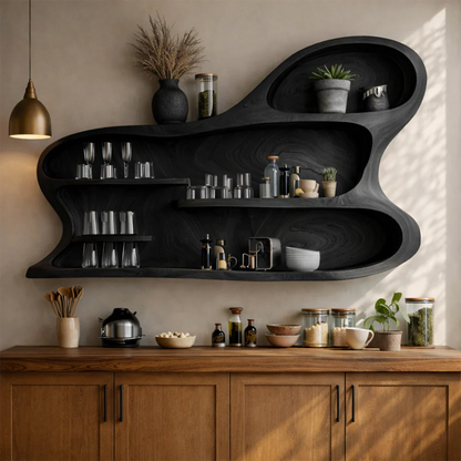 Statement kitchen cabinet with organic shaped wood structure and multi level open shelves