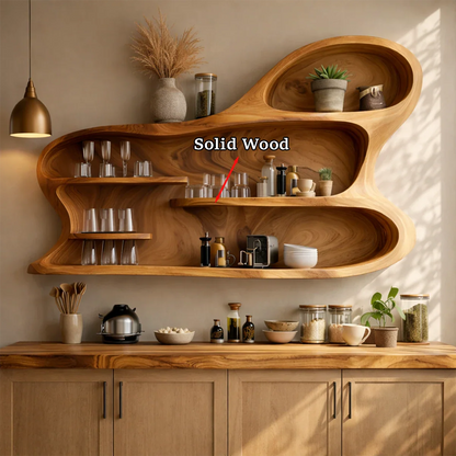 Elegant wall kitchen storage with curved wood design and open shelves in warm interior space
