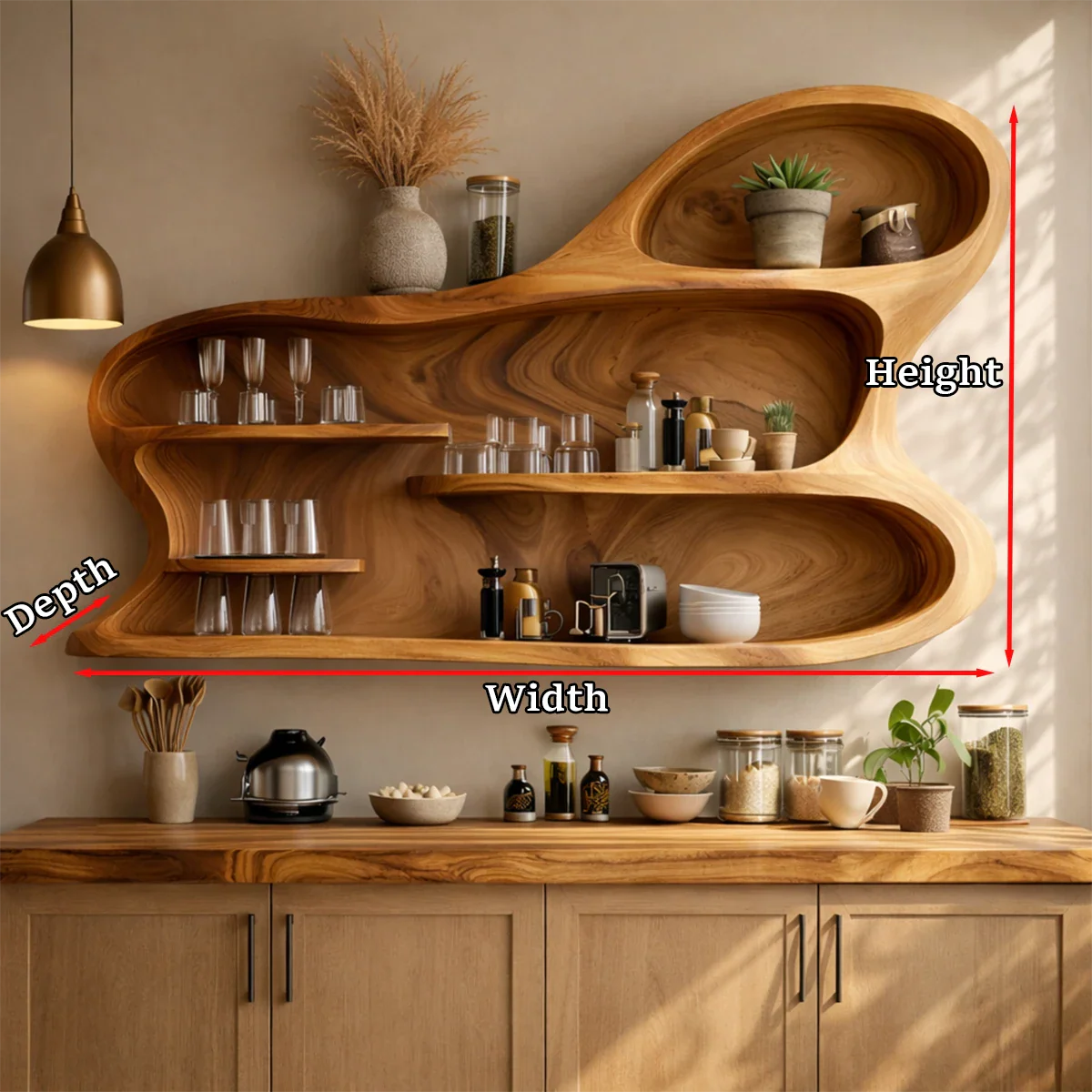 Designer kitchen cabinet with fluid wood contours and practical open shelving system