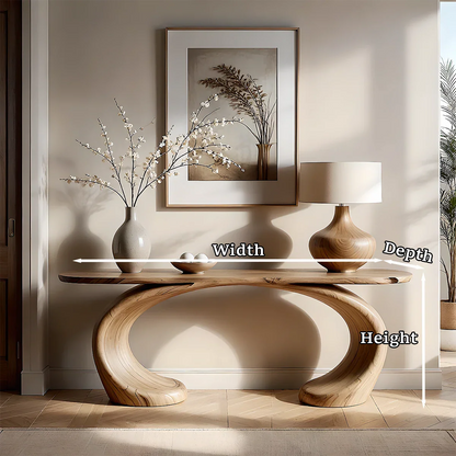Handcrafted oak console table with curved oval base