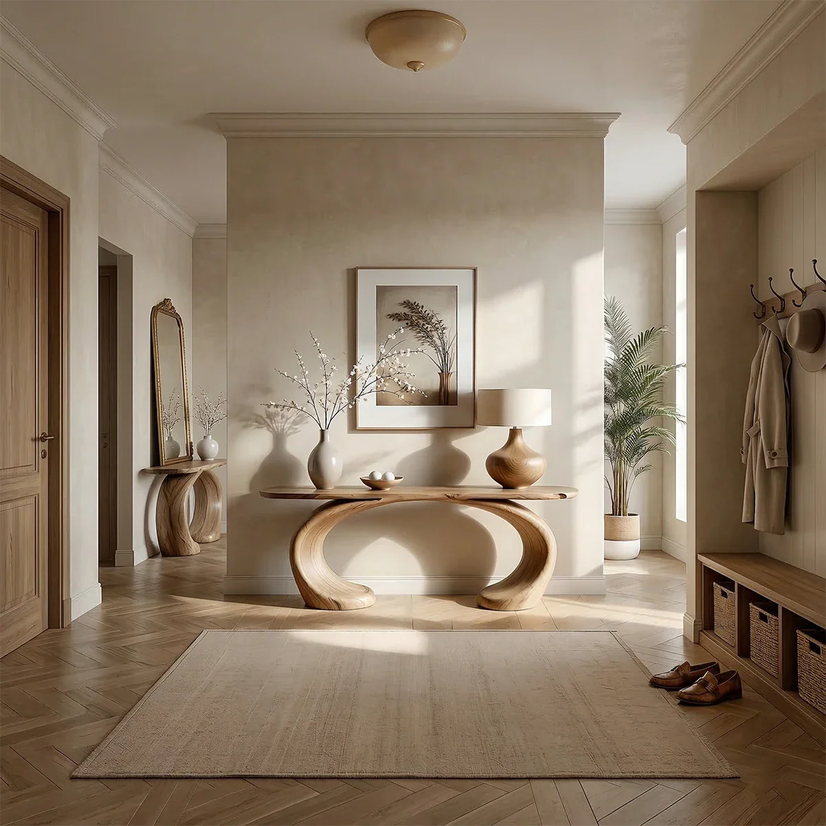 Sculptural oak console table with loop base