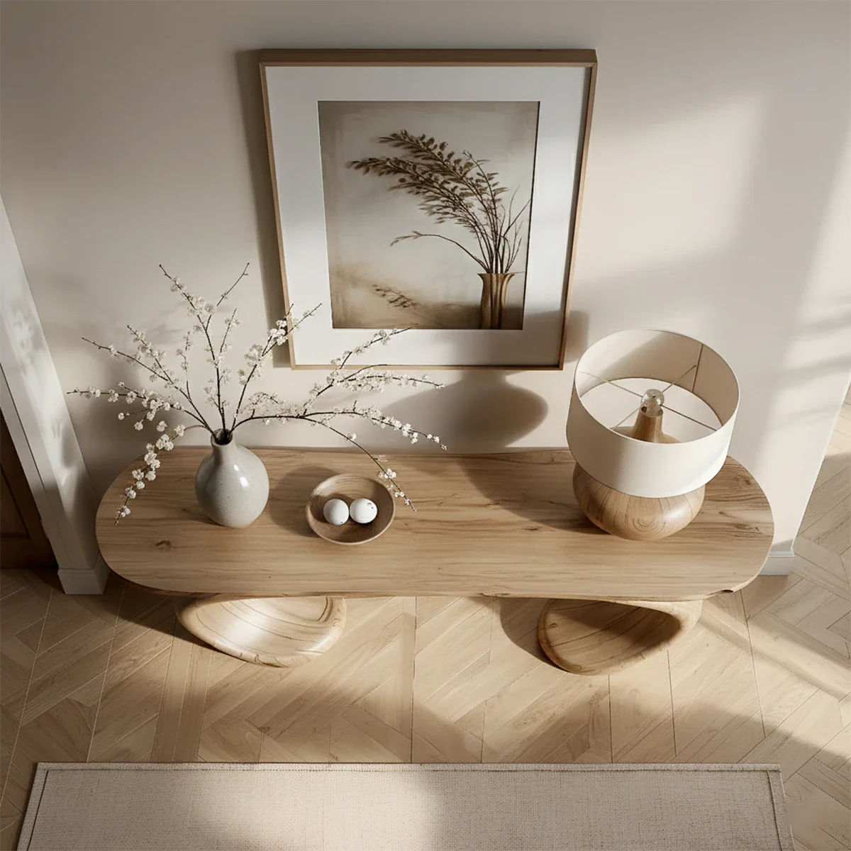 Natural oak console table with organic loop frame