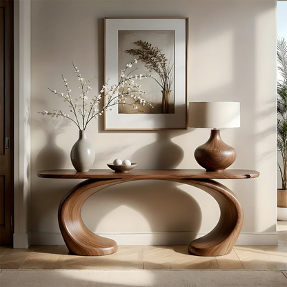 Artistic oak console table with loop wood base