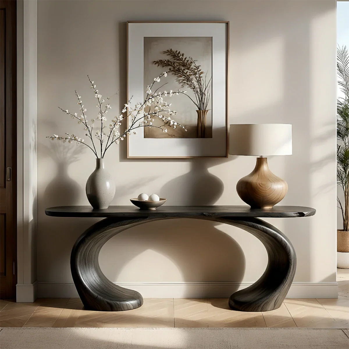 Designer oak console table with oval support frame