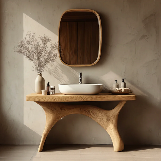 Organic oak wood bathroom vanity with sculpted legs