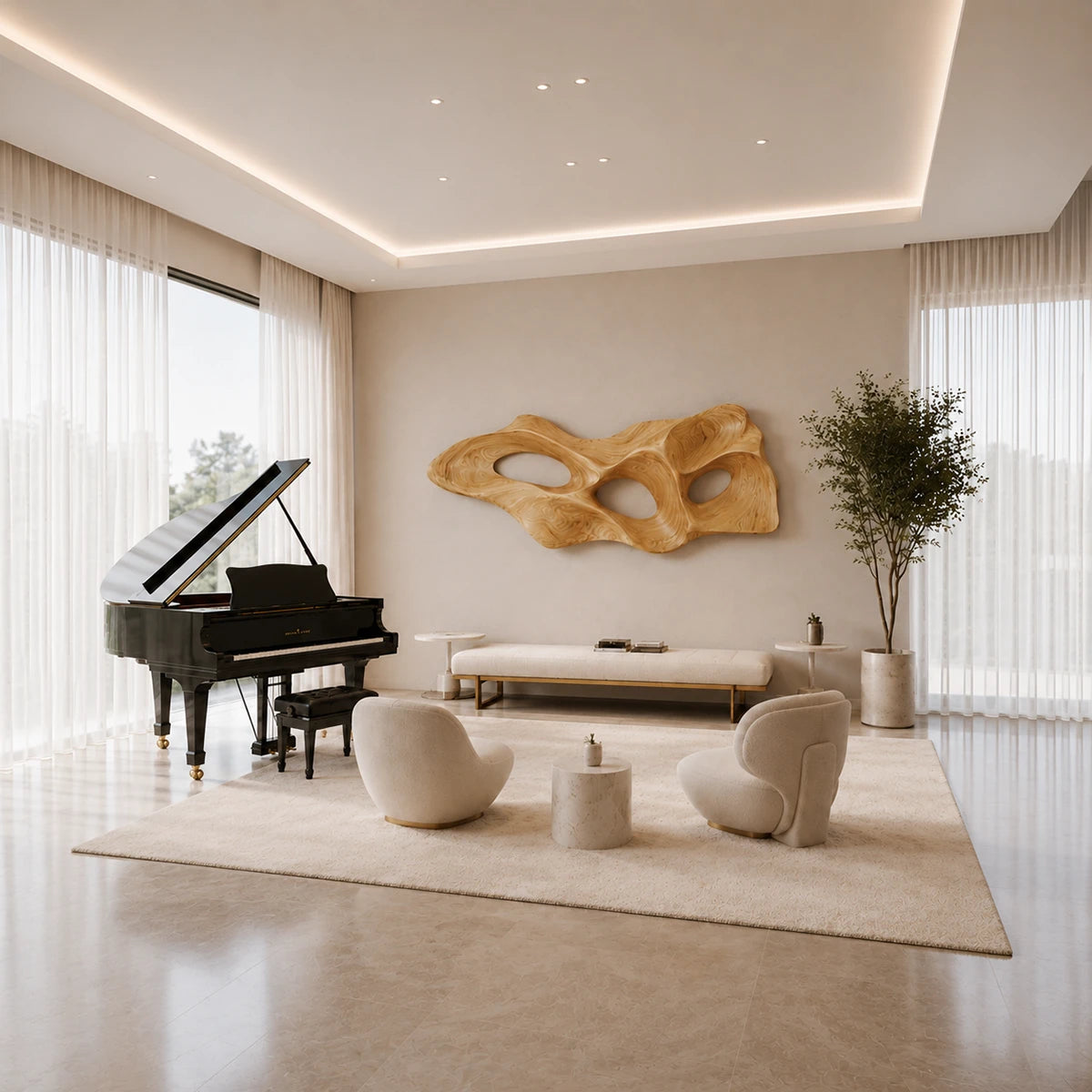 Large carved wall art with flowing open forms adds depth to a refined living interior