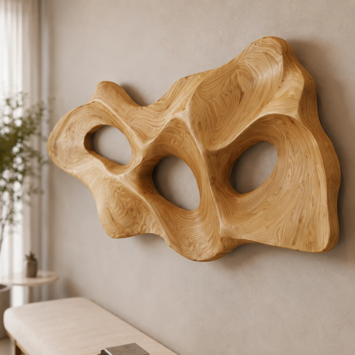 Organic wall decor with smooth carved contours adds dimension above a modern bench