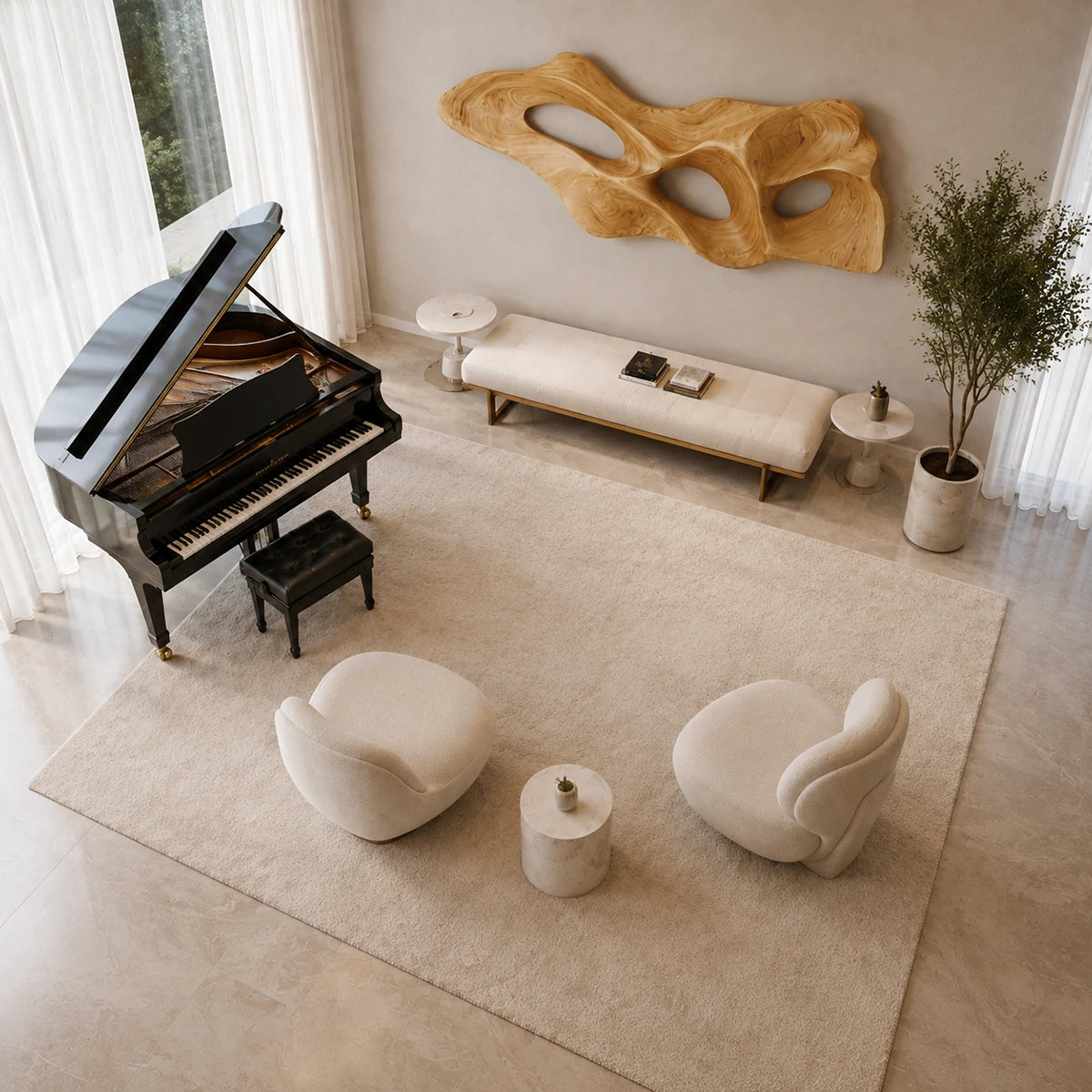 Statement wall sculpture with open shapes creates visual rhythm in a spacious interior