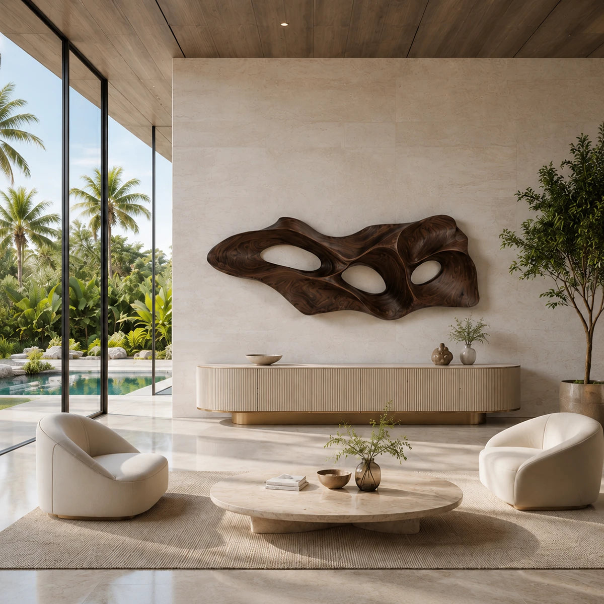 Modern wall art with sculpted openings adds architectural interest to a calm room