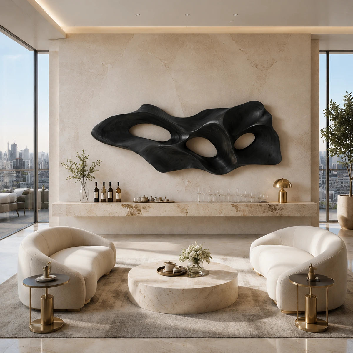 Carved wall sculpture with organic negative space brings texture to an elegant setting
