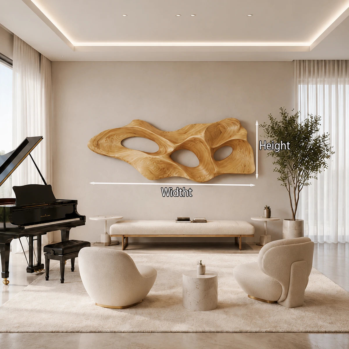 Contemporary wall art with flowing contours creates a distinctive interior centerpiece