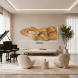 Contemporary wall art with flowing contours creates a distinctive interior centerpiece