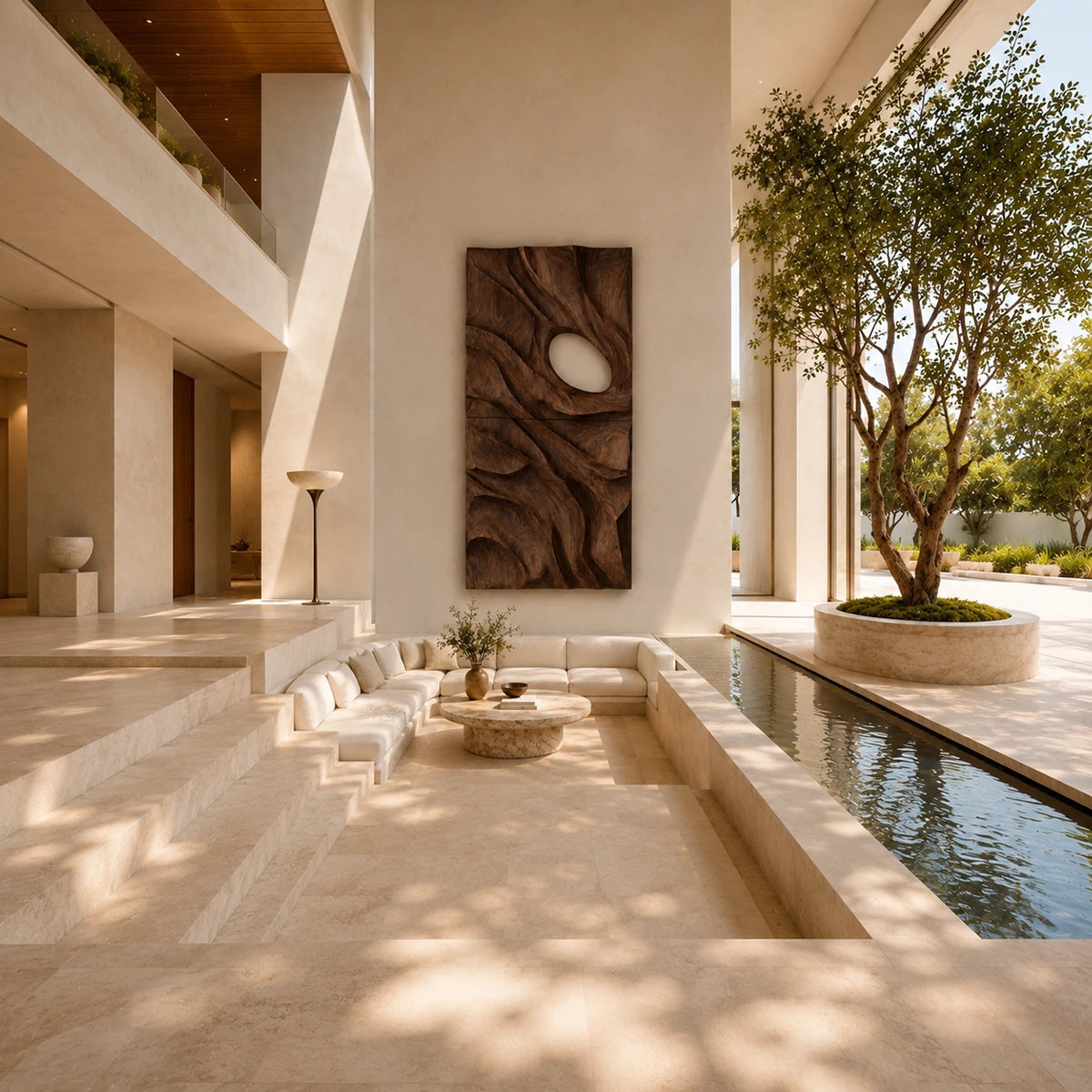 Abstract wall art with a single open void creates a bold focal point in spacious rooms